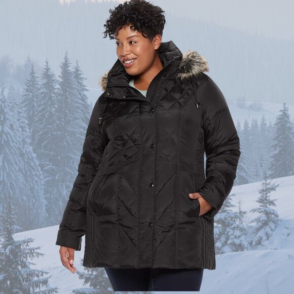 NEW - London Fog Faux-Fur-Trimmed Down Puffer Coat w/Hood - Black/Tan - Picture 1 of 13